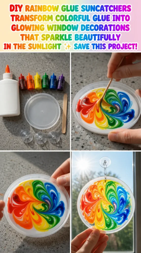 Colorful rainbow glue suncatchers glowing in sunlight as window decorations.