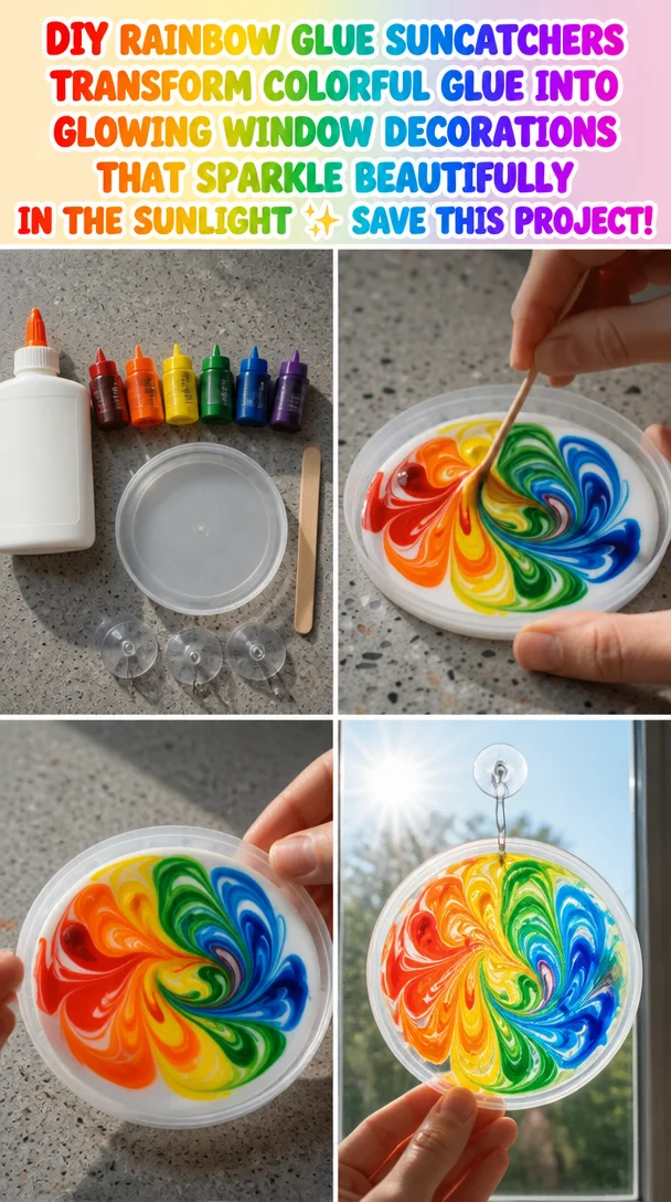 Colorful rainbow glue suncatchers glowing in sunlight as window decorations.