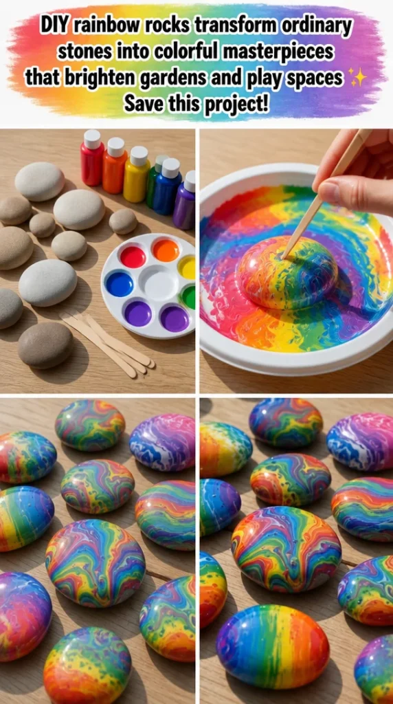 Colorful DIY rainbow rocks decorating a garden space