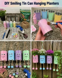 DIY Smiling Tin Can Hanging Planters