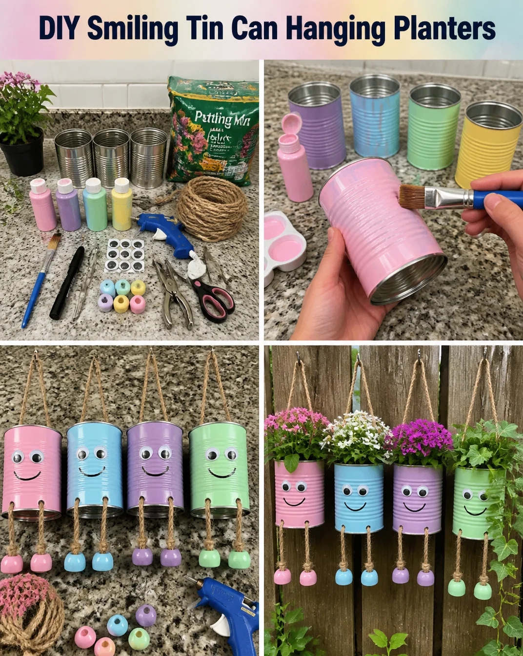 DIY smiling tin can hanging planters for adding charm to your home decor