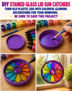 DIY stained glass lid sun catchers turn old plastic lids…