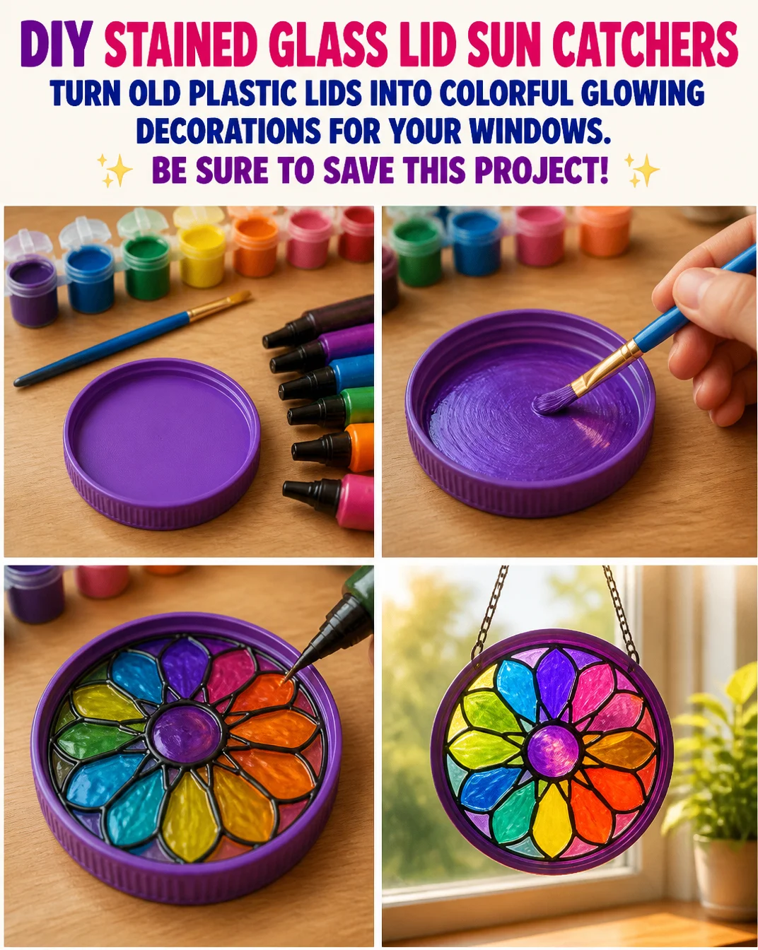 DIY stained glass sun catchers made from colorful plastic lids