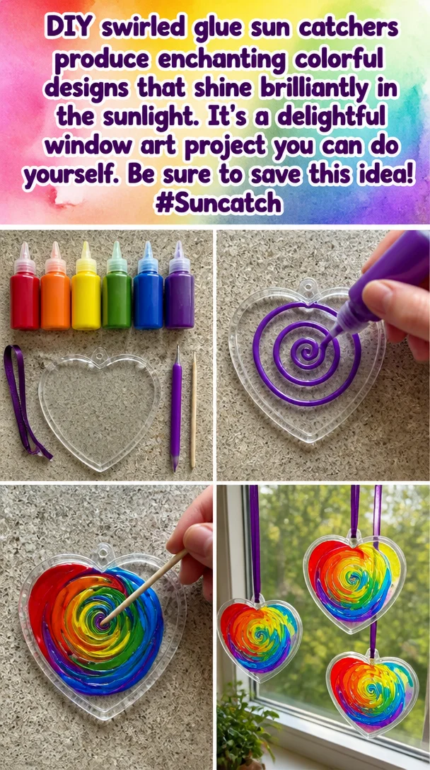 DIY swirled glue sun catcher with colorful designs reflecting sunlight