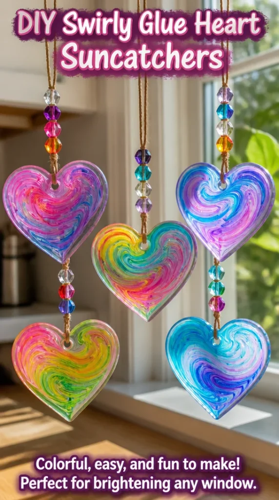 DIY swirly glue heart suncatchers catching sunlight in a colorful display