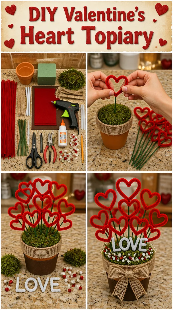 DIY Valentine's Heart Topiary made with fresh flowers and decorative materials