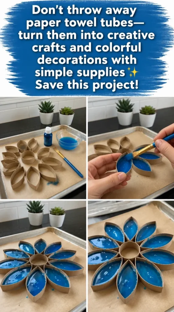 Creative crafts made from paper towel tubes decorated with colorful supplies.