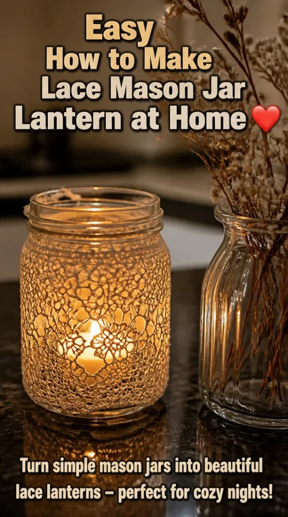 DIY lace mason jar lantern with warm light, perfect for home decor.
