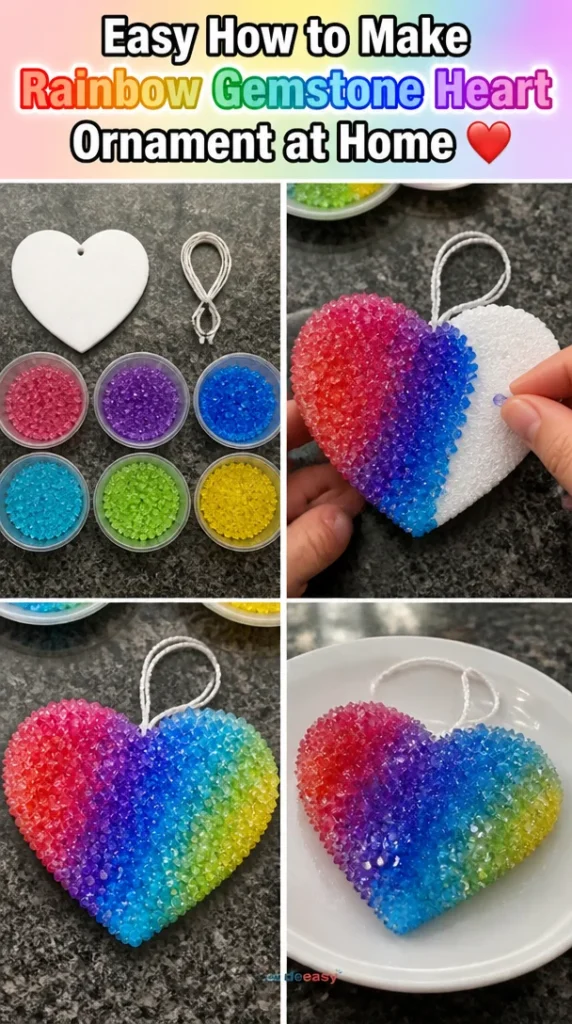 DIY rainbow gemstone heart ornament made at home