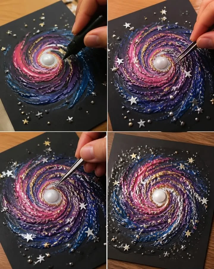 El arte de la galaxia de Whisk crea hermosas obras maestras cósmicas con estrellas en espiral y vibrantes efectos de nebulosa. Es una divertida actividad artística para niños. ¡Guarda este proyecto!