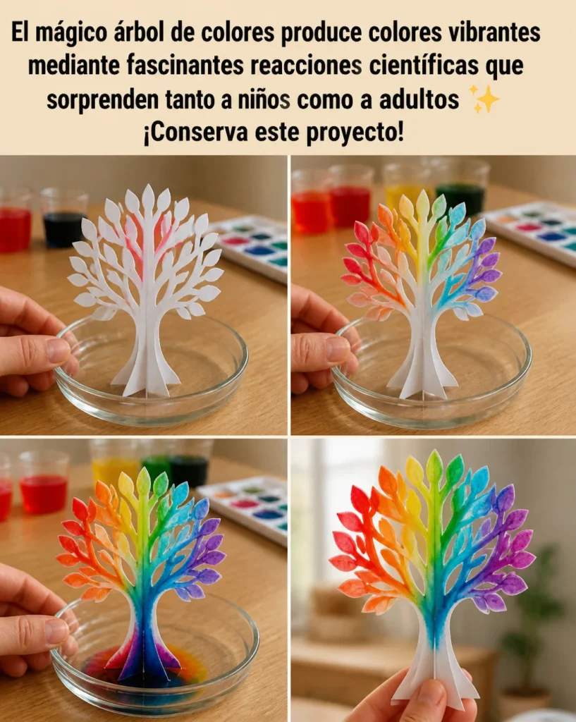 Proyecto del árbol de colores mostrando vibrantes reacciones científicas
