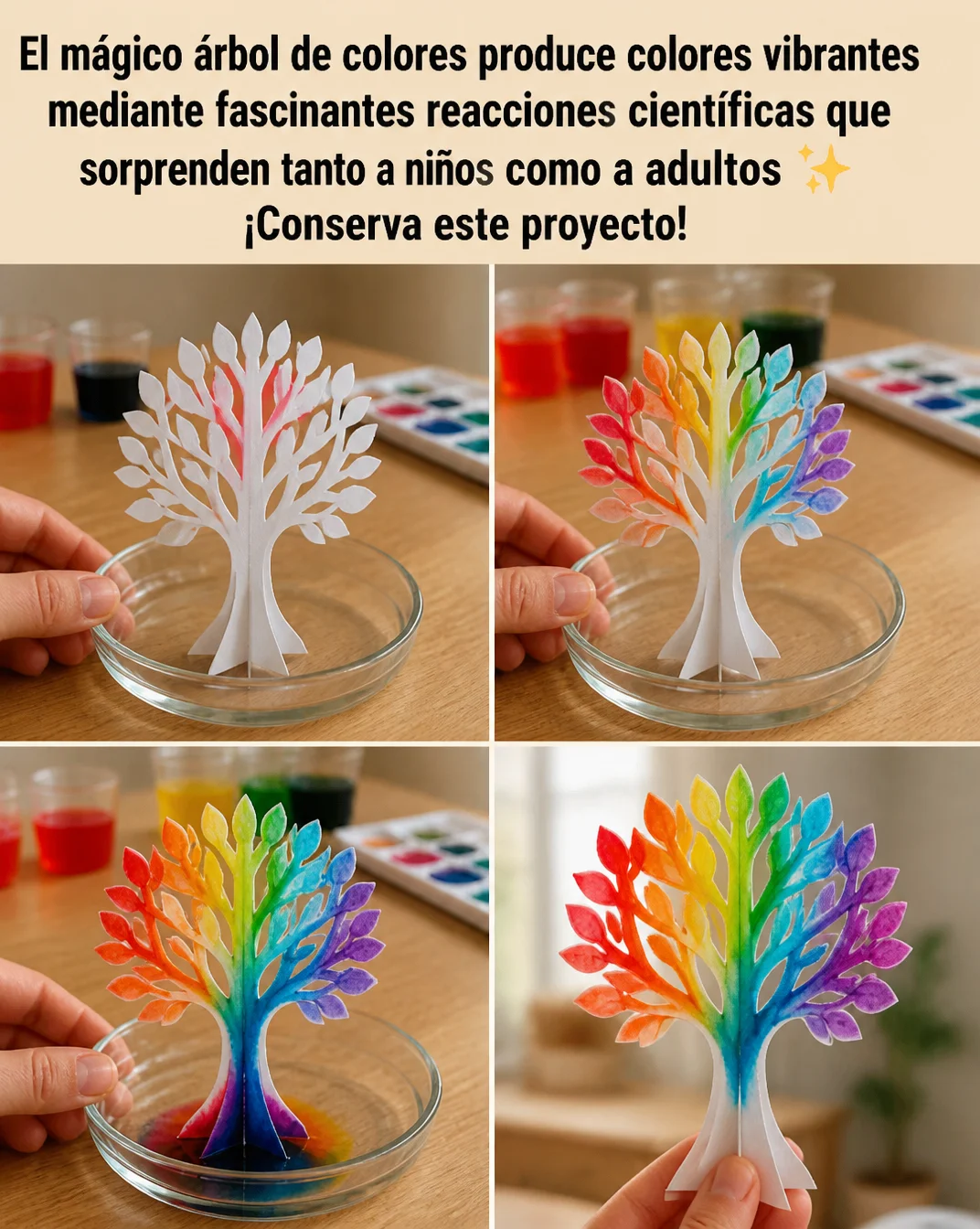 Proyecto del árbol de colores mostrando vibrantes reacciones científicas