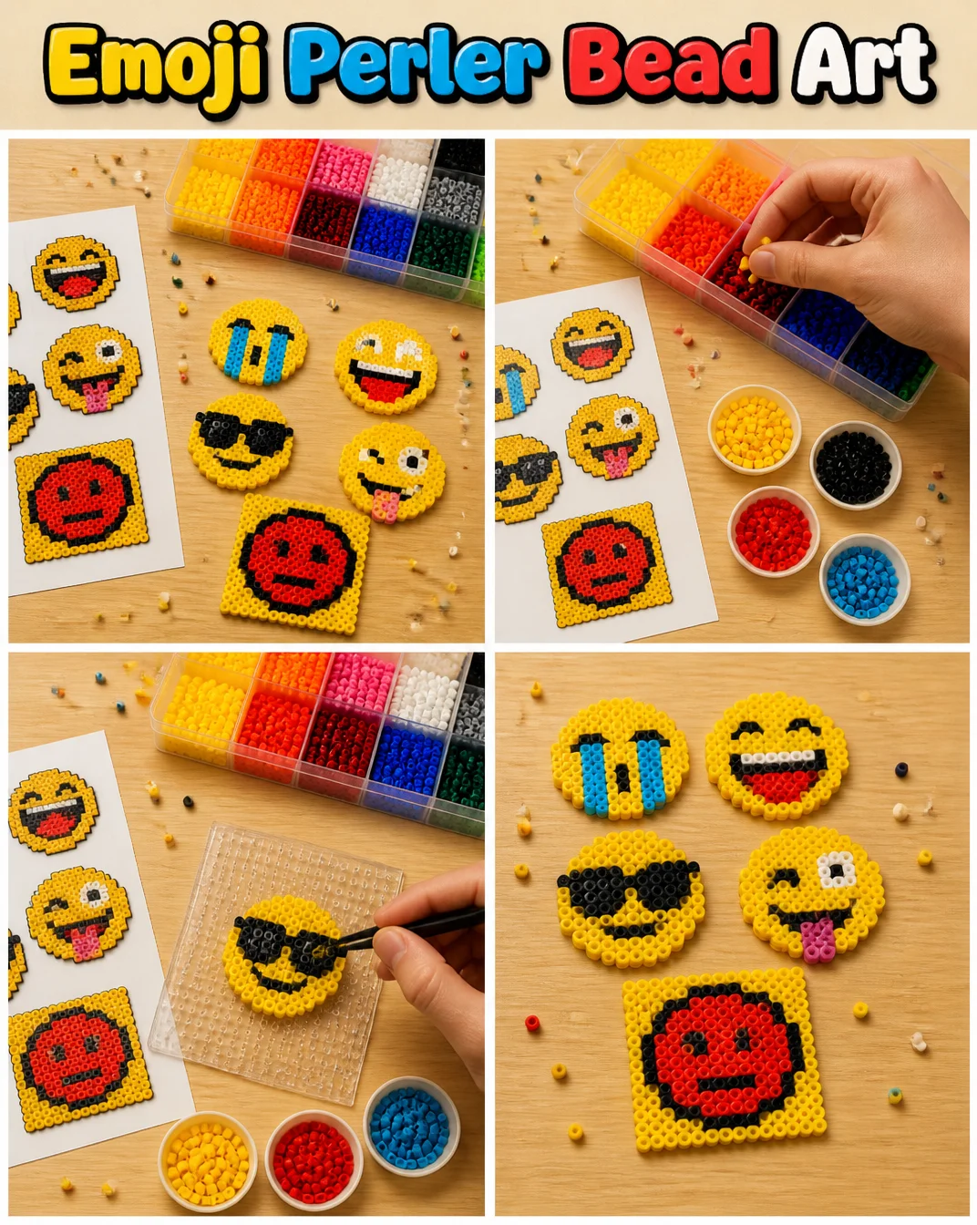 Colorful Emoji Perler Bead Art creations showcasing fun designs.