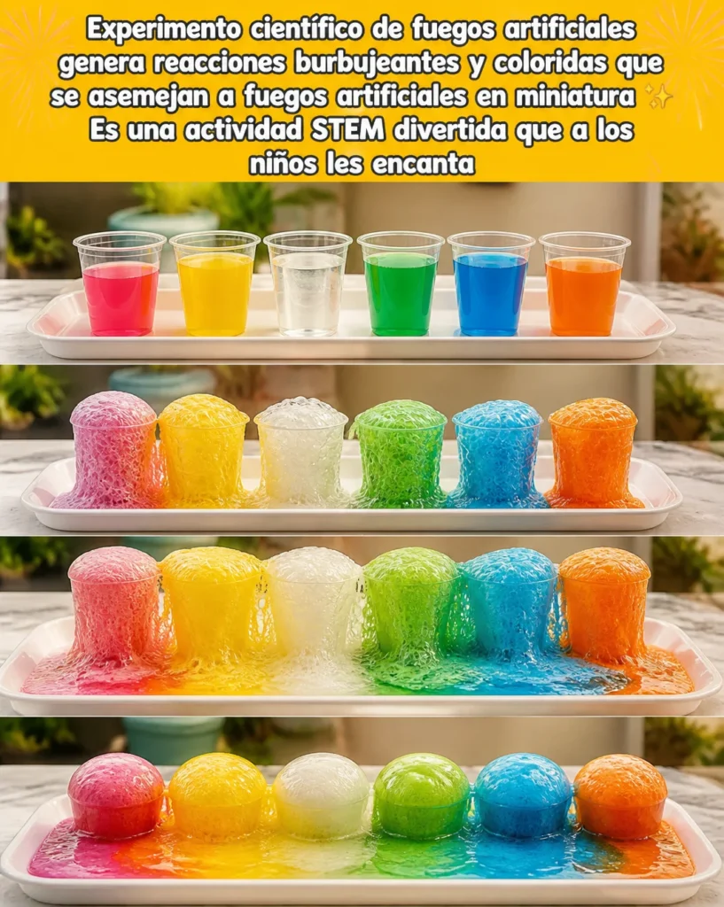Experimento científico de fuegos artificiales en miniatura con burbujas coloridas
