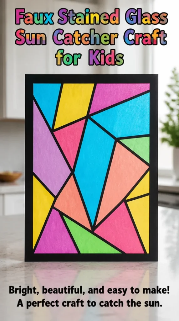 Colorful faux stained glass sun catcher craft made by kids