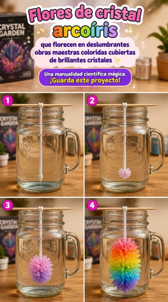 Flores de cristal arcoíris brillantes en una manualidad científica mágica.