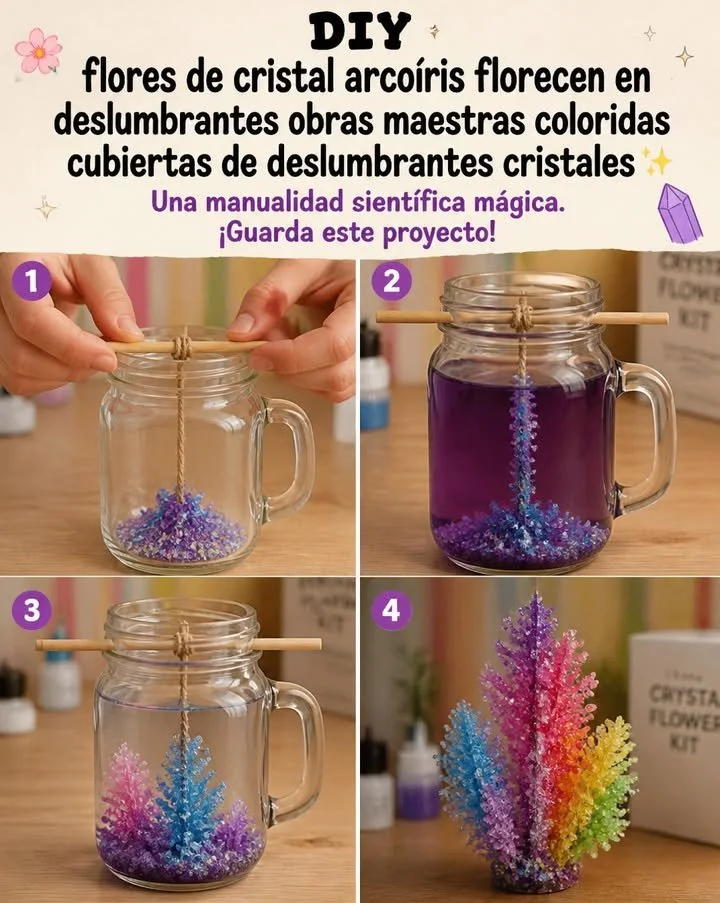 Flores de cristal arcoíris que florecen en deslumbrantes obras maestras coloridas cubiertas de brillantes cristales ✨ Una manualidad científica mágica. ¡Guarda este proyecto!