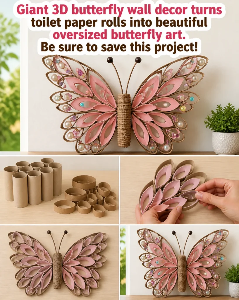 Giant 3D butterfly wall decor made from toilet paper rolls