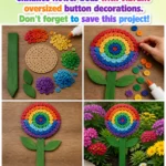 Giant rainbow button garden stakes adding vibrant color to flower beds.