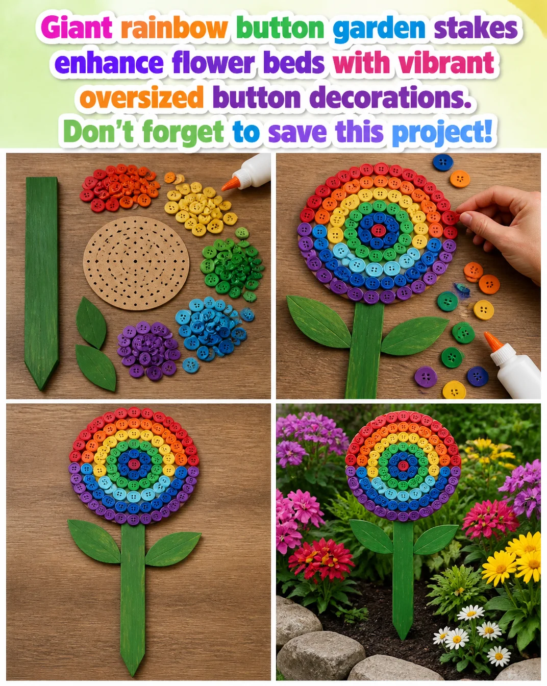 Giant rainbow button garden stakes adding vibrant color to flower beds.