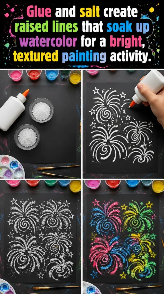 Watercolor painting with raised lines created by glue and salt for textured art