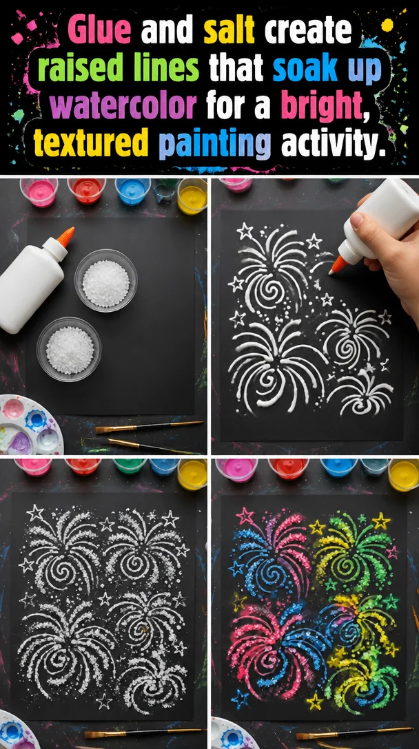Watercolor painting with raised lines created by glue and salt for textured art