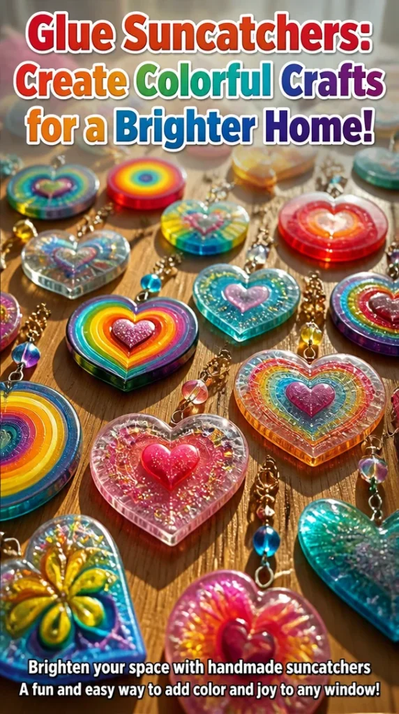 Colorful glue suncatchers hanging in a sunlit window.