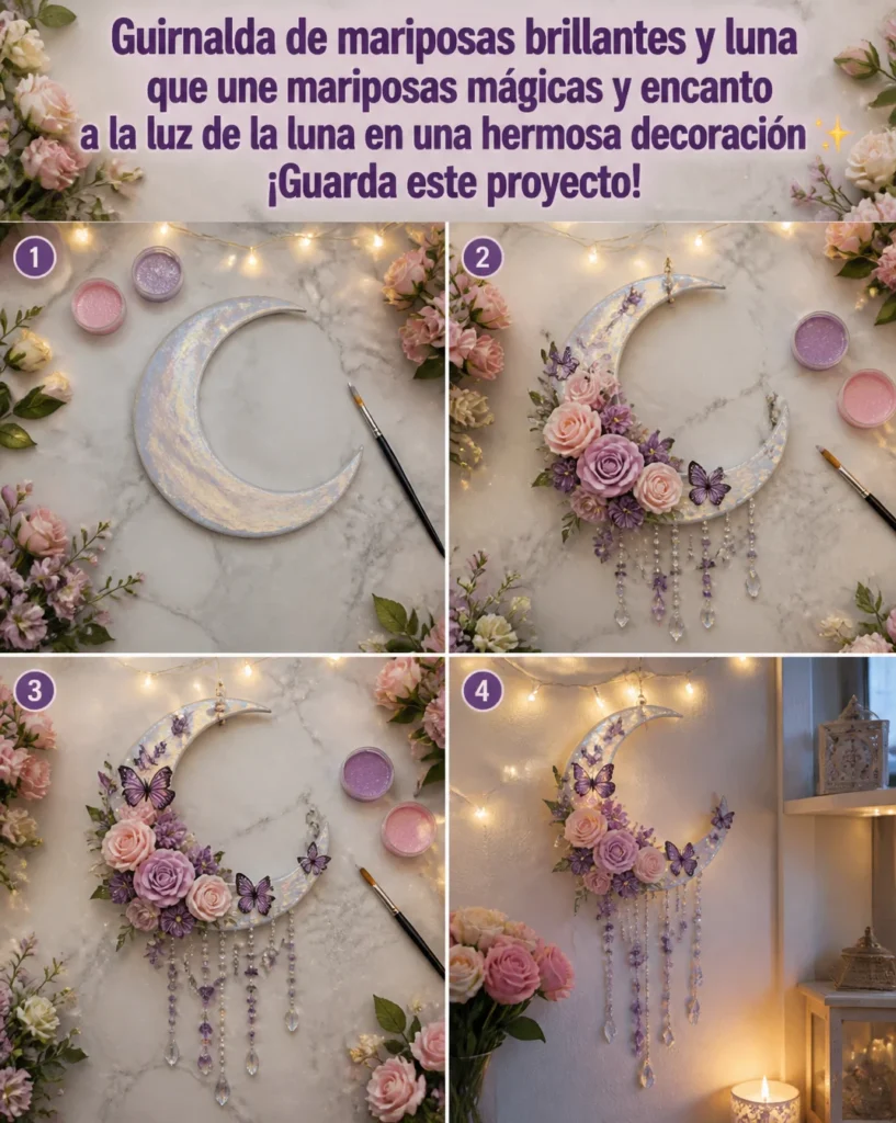 Guirnalda de mariposas brillantes y luna, decoración mágica para eventos