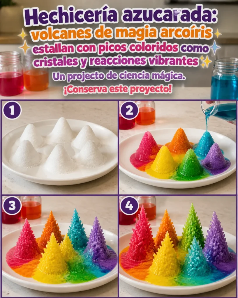 Volcanes de magia con explosiones arcoíris y picos coloridos como cristales.