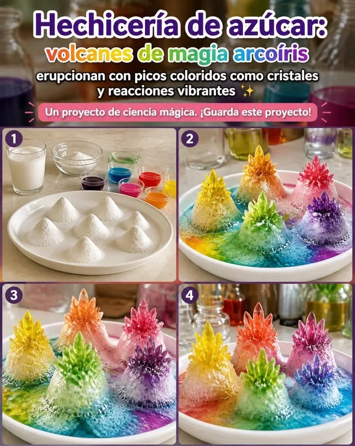 Hechicería azucarada: volcanes de magia arcoíris estallan con picos coloridos como cristales y reacciones vibrantes ✨ Un proyecto de ciencia mágica. ¡Conserva este proyecto!