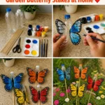 Colorful DIY garden butterfly stakes beautifully decoratng a home garden.