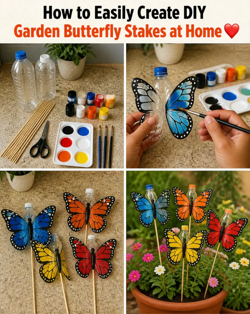 Colorful DIY garden butterfly stakes beautifully decoratng a home garden.