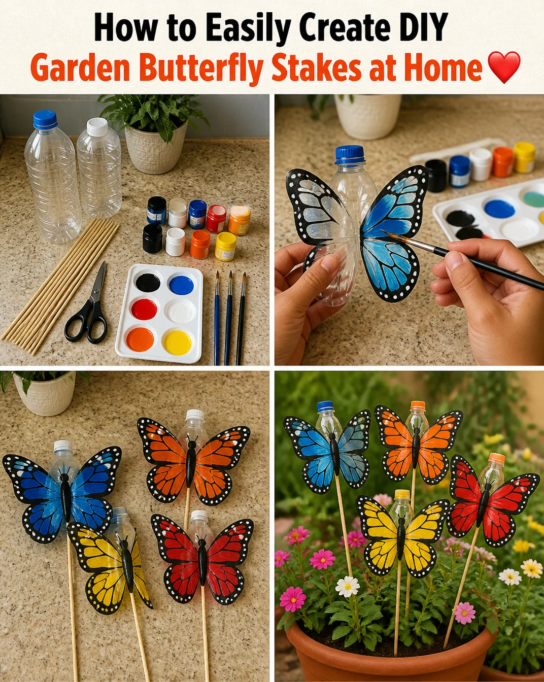 Colorful DIY garden butterfly stakes beautifully decoratng a home garden.