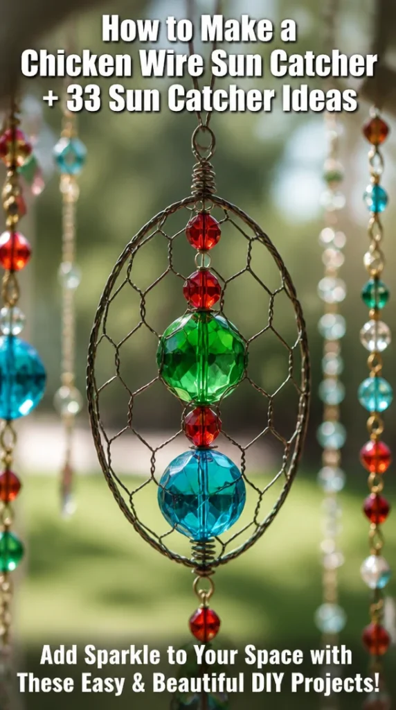 Beautiful chicken wire sun catcher hanging in sunlight with colorful designs