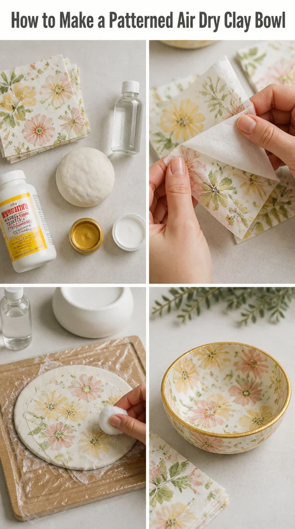 Patterned air dry clay bowl tutorial with techniques for decorative design.