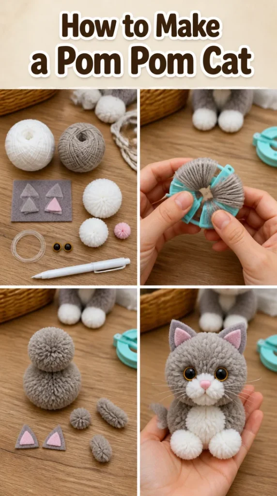 Crafted pom pom cat made from colorful yarn