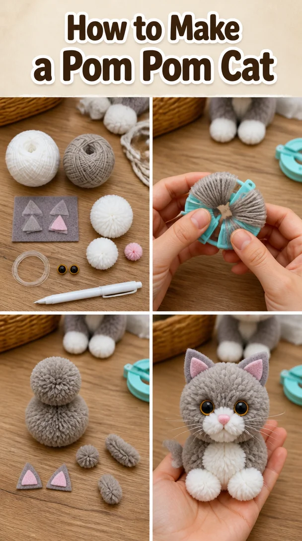 Crafted pom pom cat made from colorful yarn