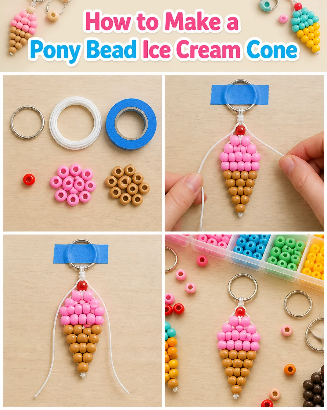 Colorful pony bead ice cream cone craft project