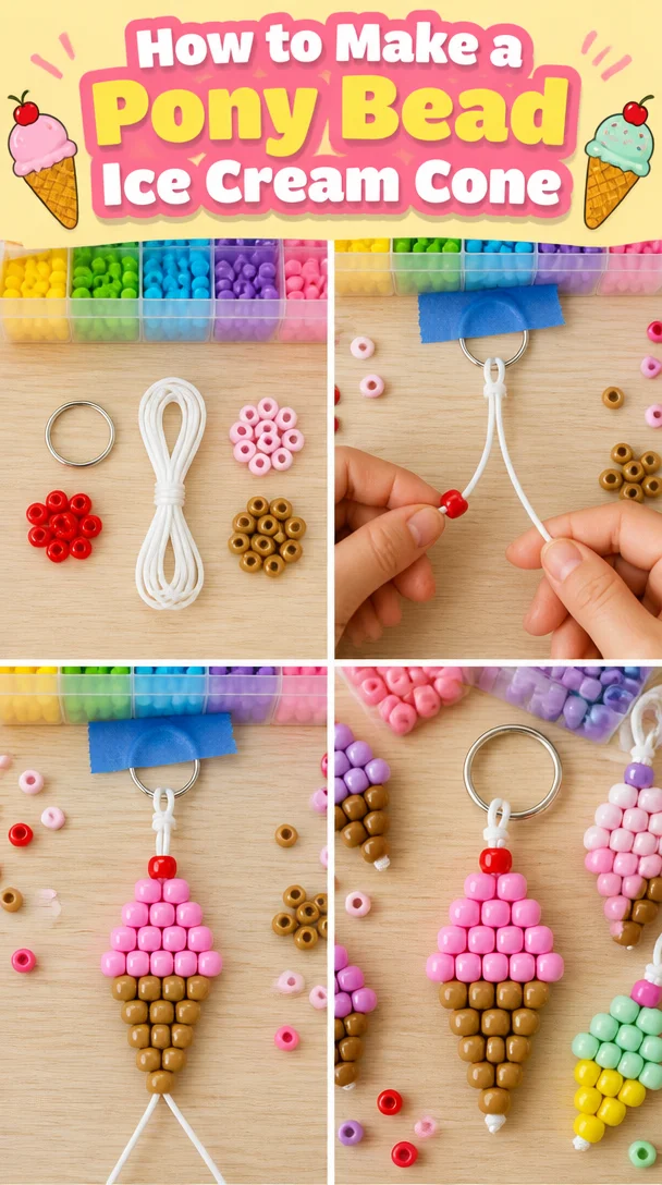Colorful pony bead ice cream cone craft project for kids