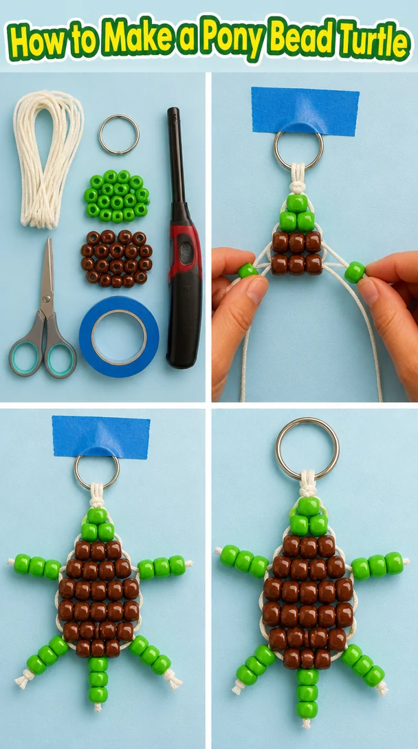 Colorful pony bead turtle craft tutorial step-by-step.
