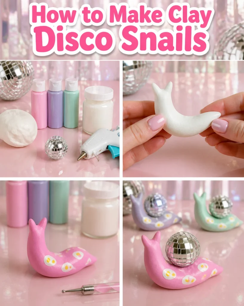 Colorful clay disco snails crafted with vibrant colors and whimsical designs.