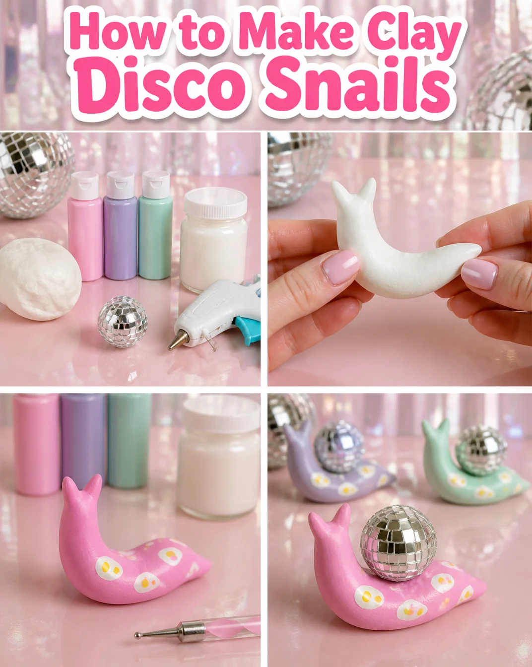 Colorful clay disco snails crafted with vibrant colors and whimsical designs.