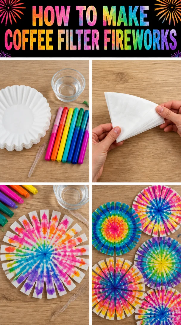 Colorful coffee filter fireworks display created from a DIY project.