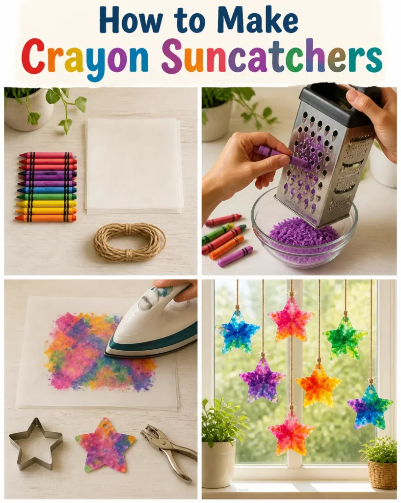 Colorful crayon suncatchers made from melted crayons and DIY techniques