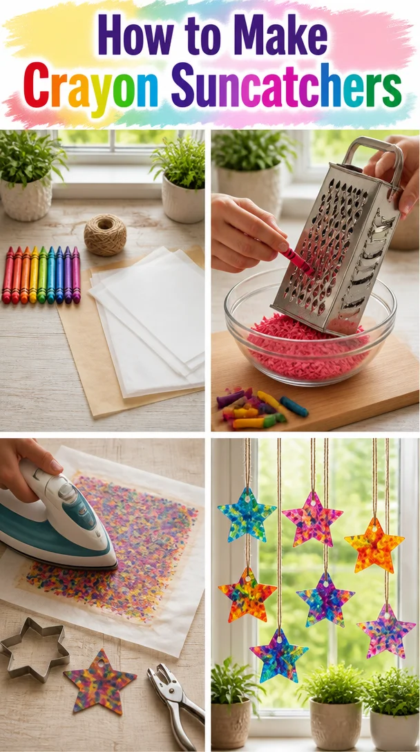 Colorful crayon suncatchers hanging in a window, creating beautiful light patterns.