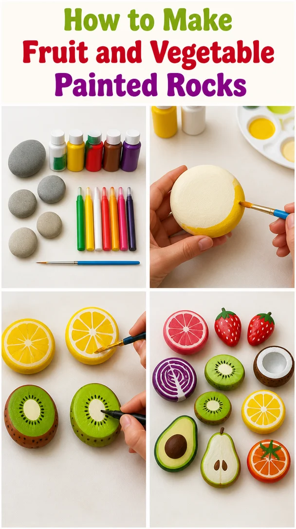 Colorful painted rocks depicting fruits and vegetables for garden decoration