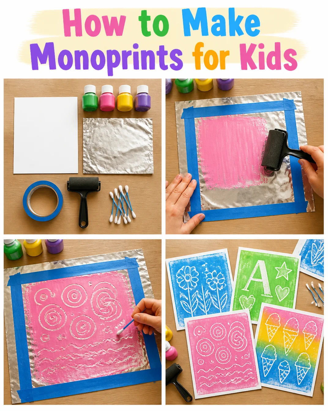 Kids creating colorful monoprints with paint and paper