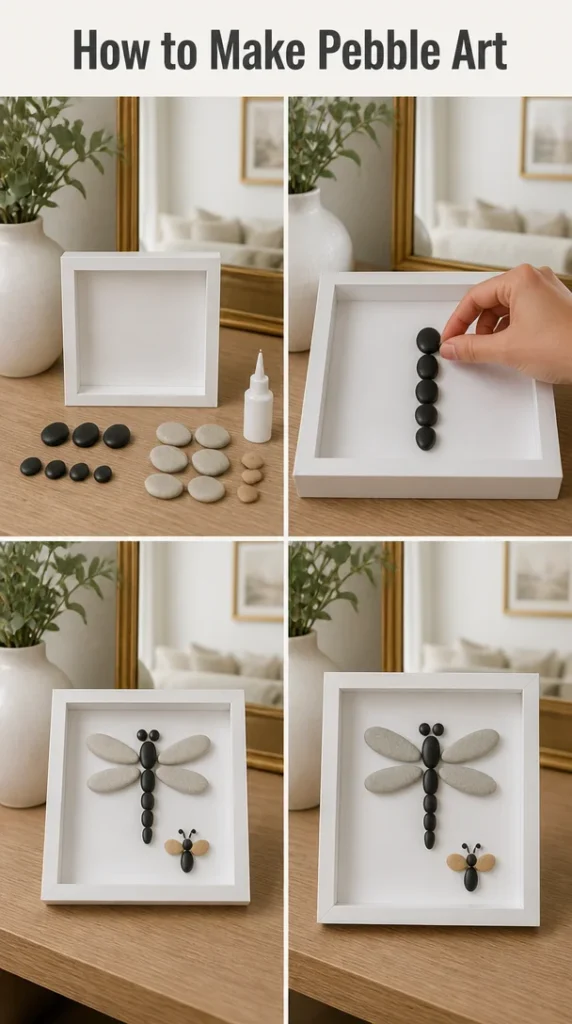 DIY pebble art creation using colorful stones and natural materials