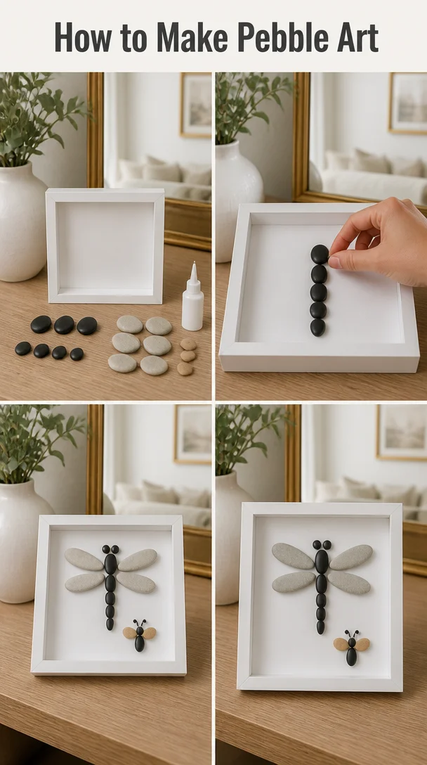 DIY pebble art creation using colorful stones and natural materials