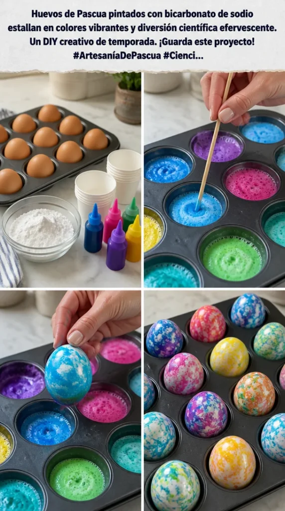 Huevos de Pascua decorados con bicarbonato de sodio en colores vibrantes